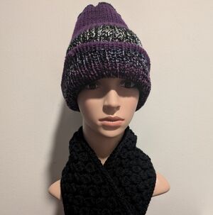 Stylish Black and Purple Knit Hat and Scarf Set